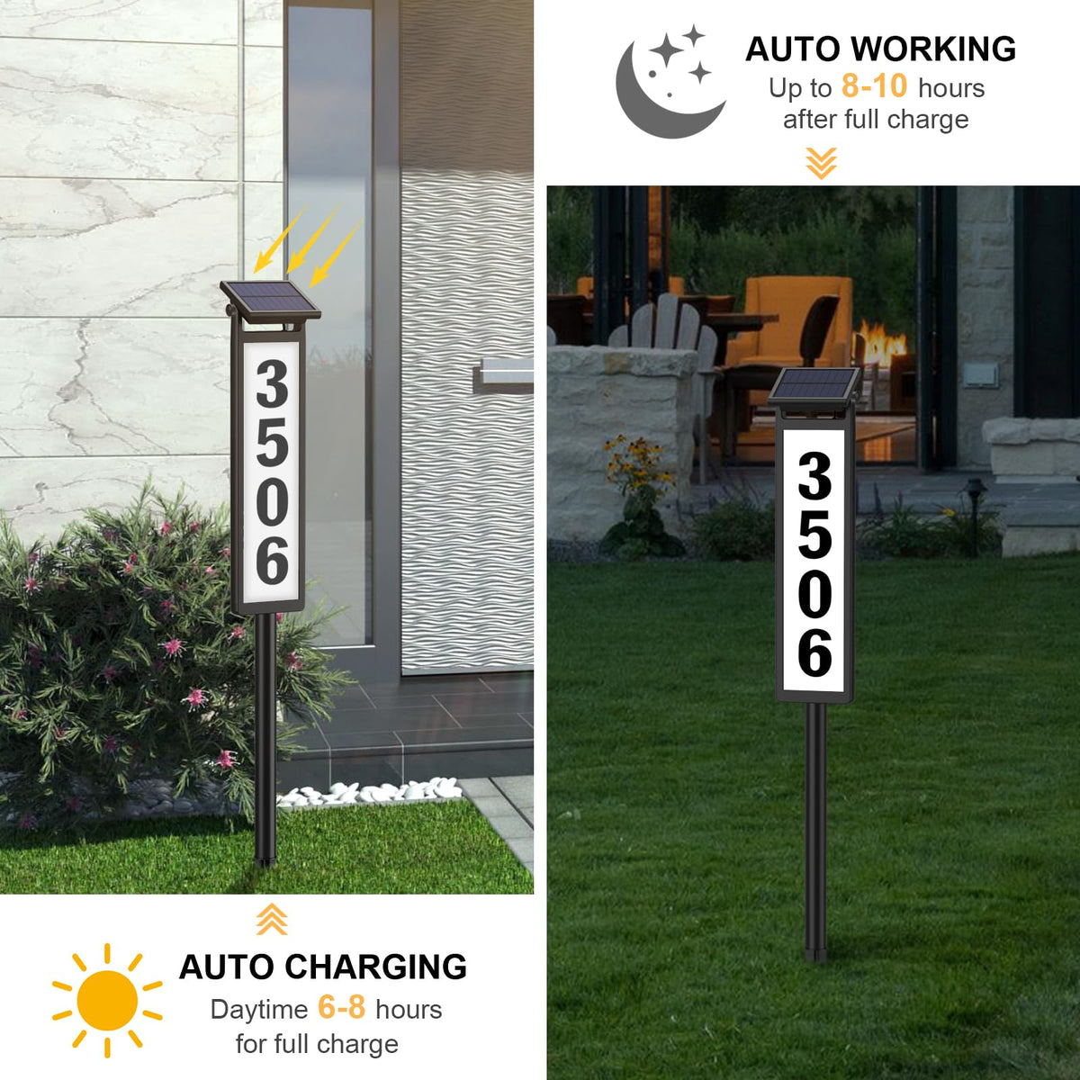 Eyrosa address sign illuminated at night improves curb visibility for deliveries.