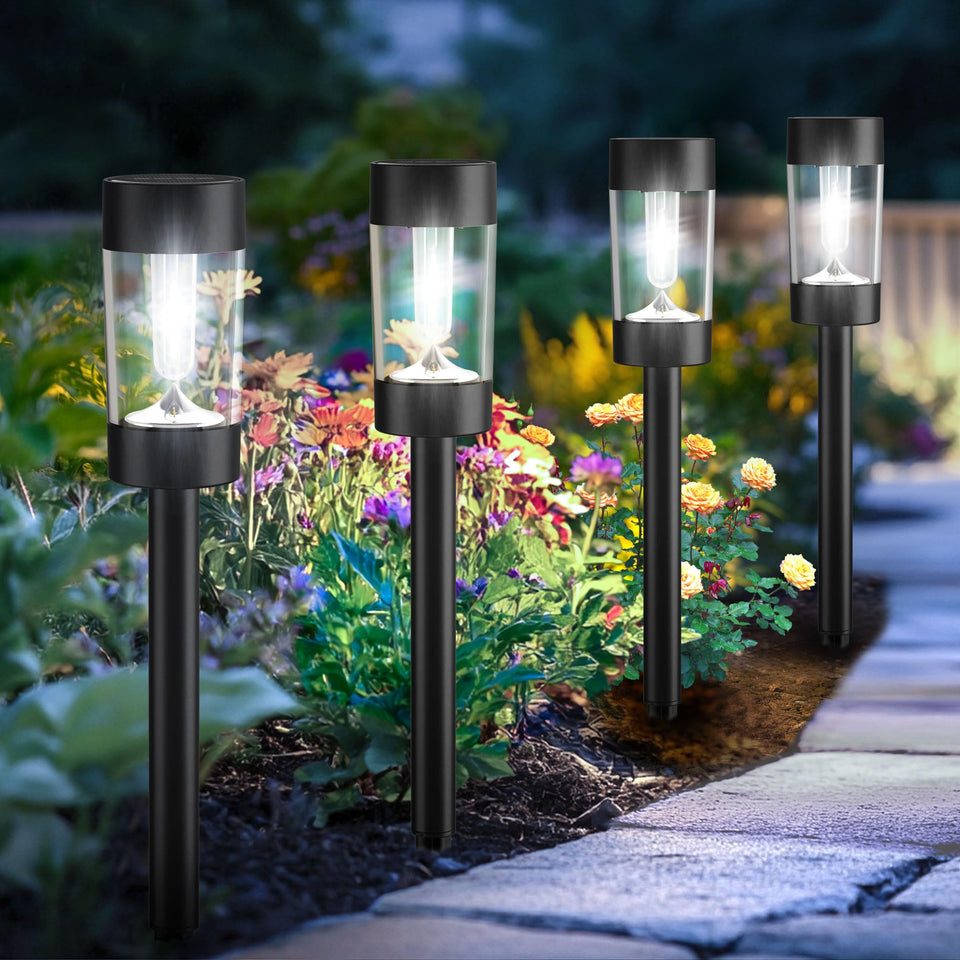 Eyrosa solar lights outdoor 12-pack illuminate pathways and lawns.