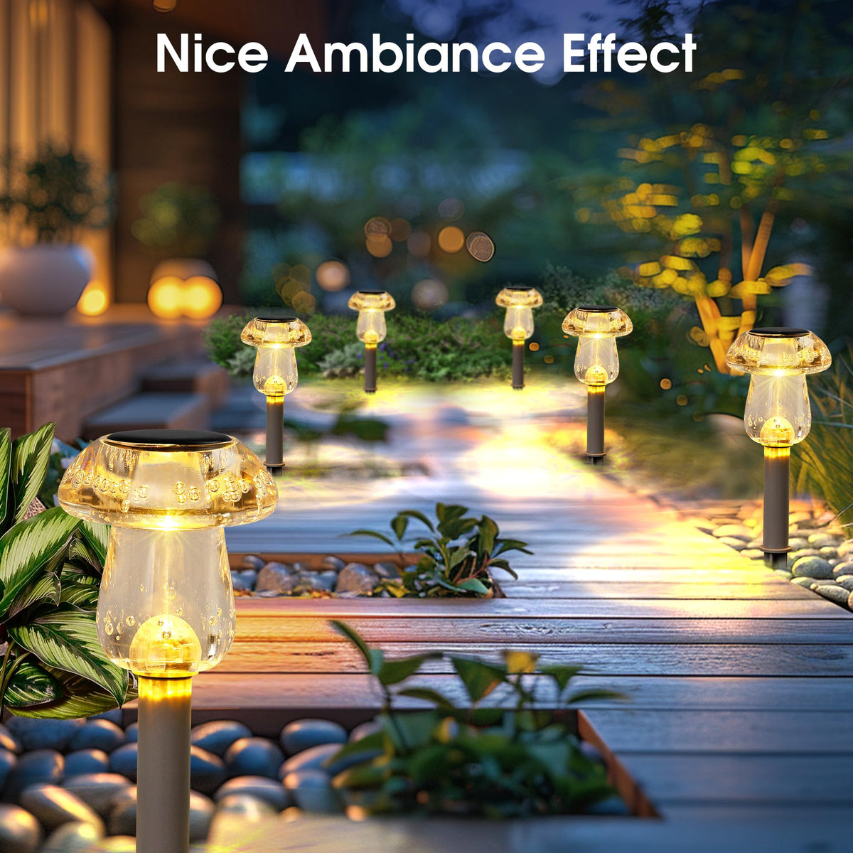 Eyrosa solar mushroom light pathway illumination lights walkways at night.