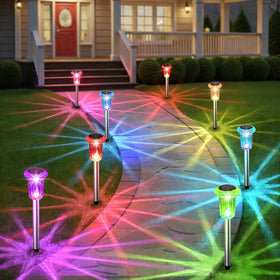 Eyrosa solar pathway light with diamond-head glow enhances garden borders for evenings.