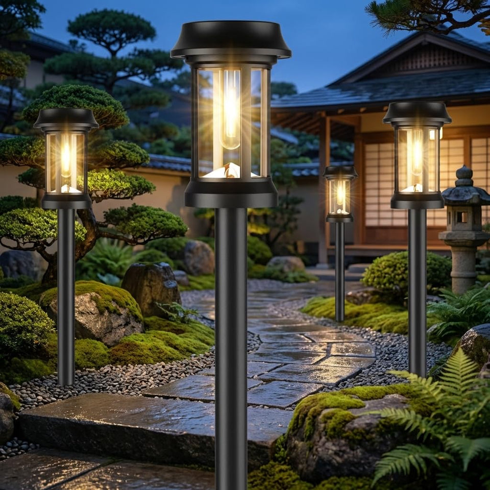 Eyrosa solar pathway lights with glass lampshade illuminate walkways with elegant glow.