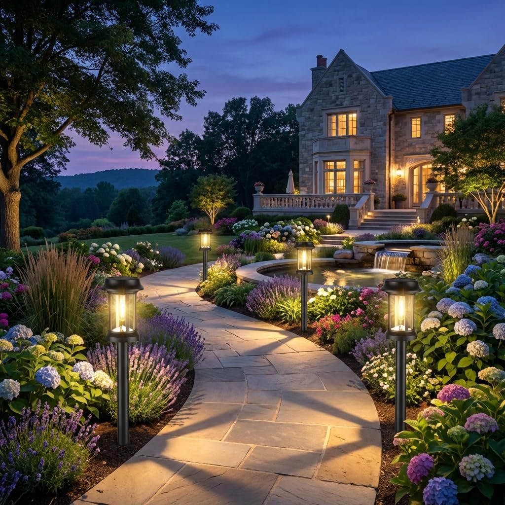 Eyrosa solar pathway lights with stainless steel pole accent garden lines at night.