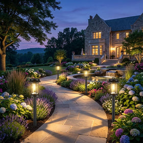 Eyrosa solar pathway lights with stainless steel pole accent garden lines at night.