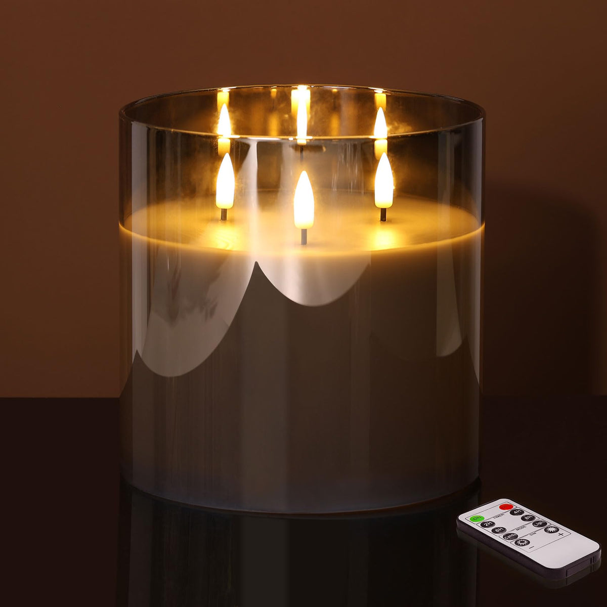 Eywamage 3-wick smoke grey glass candle with flickering flame effect for ambiance