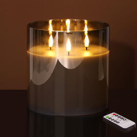 Eywamage 3-wick smoke grey glass candle with flickering flame effect for ambiance