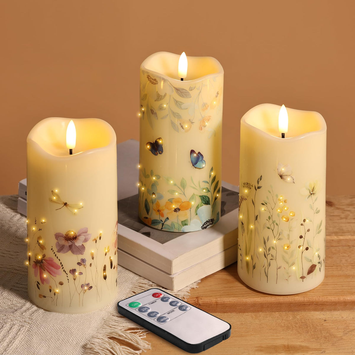 Eywamage butterfly floral-design fiber optic pillar candle for safe, long-lasting ambiance.