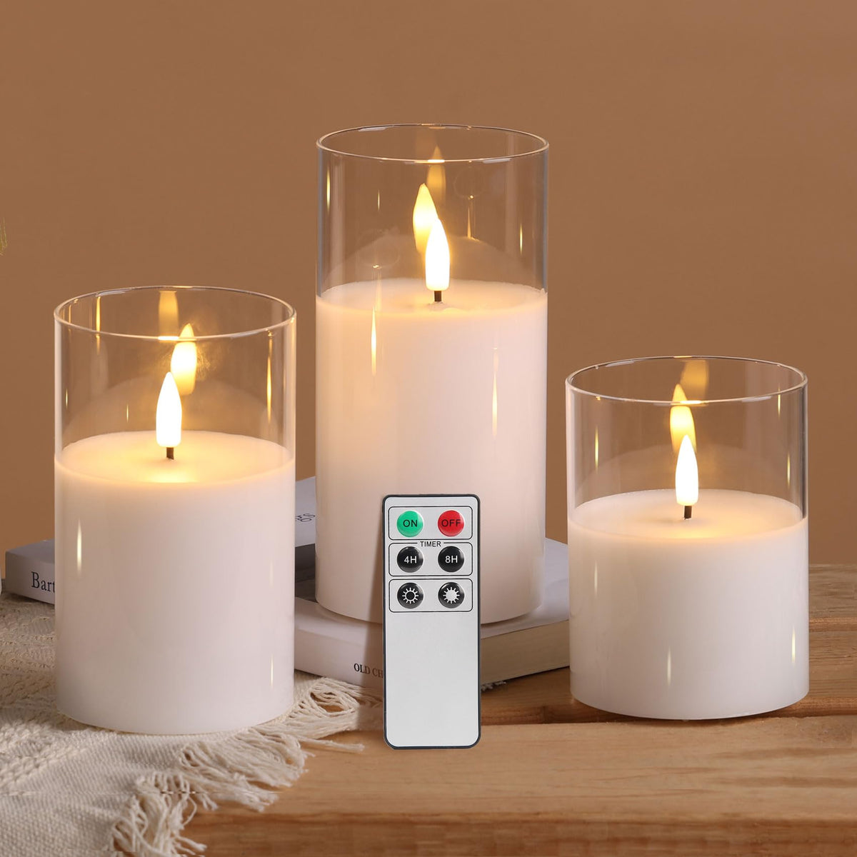 Eywamage Clear Glass Flameless Candles create ambient room lighting without flame risk