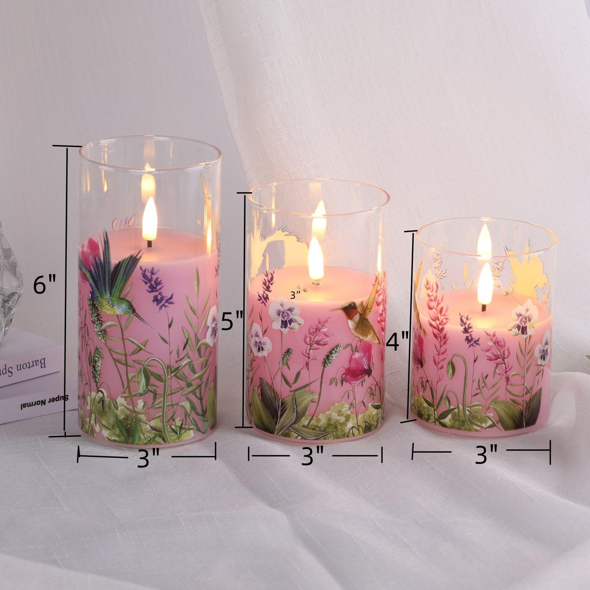 Eywamage closeup of pink hummingbird glass candle enhances spring decor.
