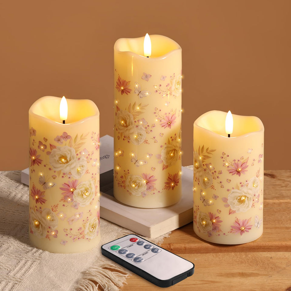 Eywamage floral butterfly fiber-optic candle close-up with pink flowers and soft glow.