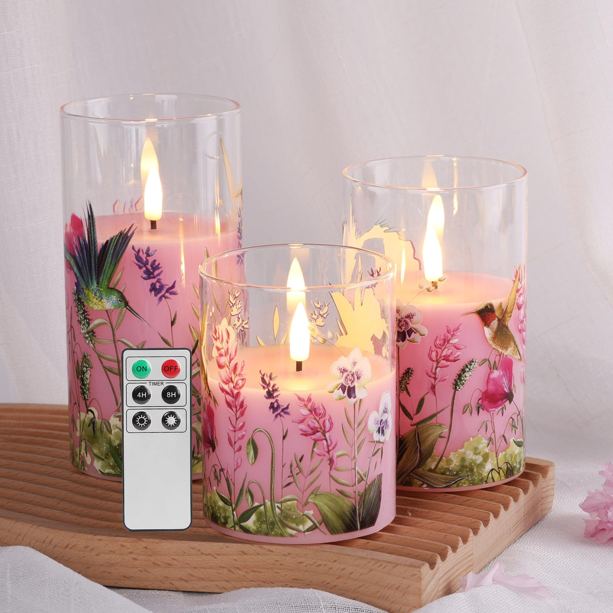 Eywamage pink hummingbird floral glass candles with remote for elegant ambiance.