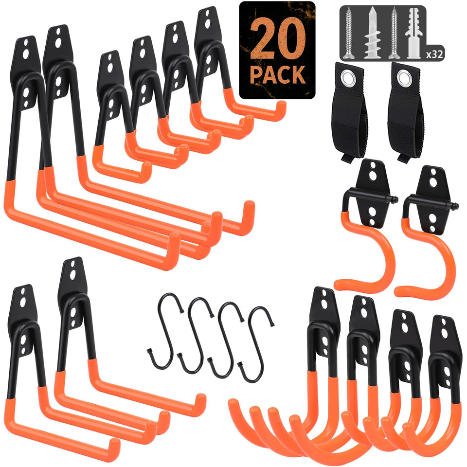EZ COZY wall-mounted garage hooks organize tools and save wall space.