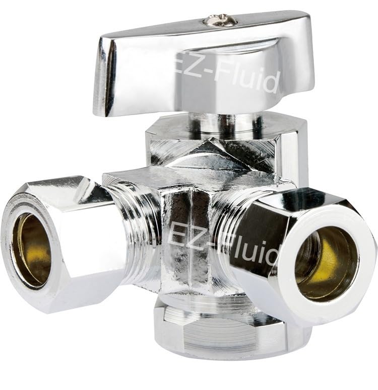 EZ-FLUID dual-outlet angle stop valve with 1/2 in FIP and 3/8 in comp, ideal for faucets.