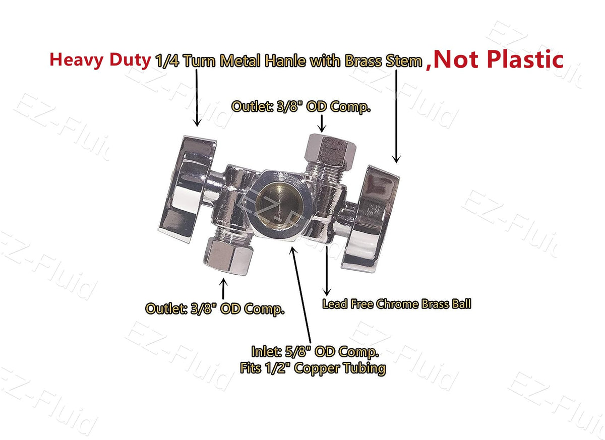 EZ-FLUID dual-outlet angle stop valve with two ports for faucet and dishwasher supply