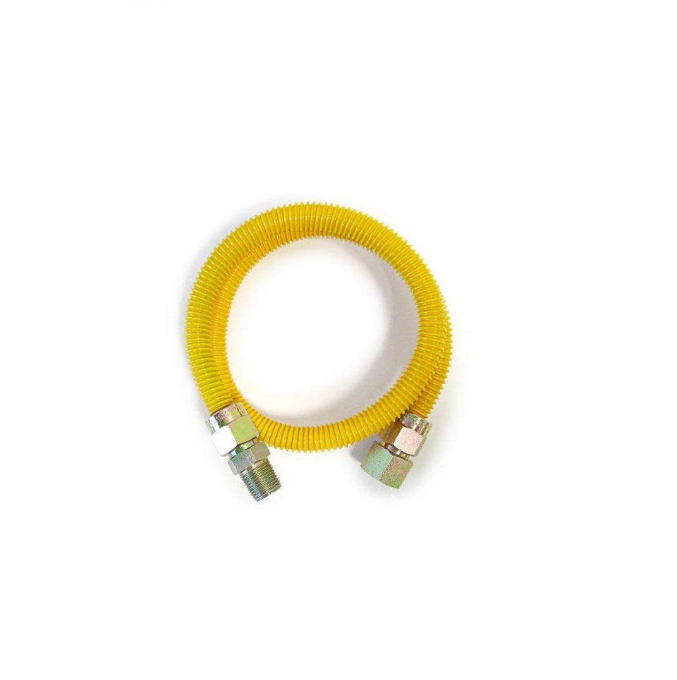 EZ-FLUID tankless gas hose with yellow epoxy coating for weather and chemical protection.
