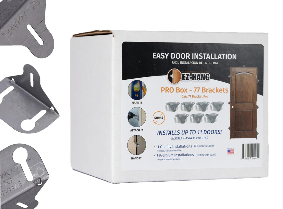 EZ-HANG strong door install kit bulk with 77 brackets and screws for quick mounting.