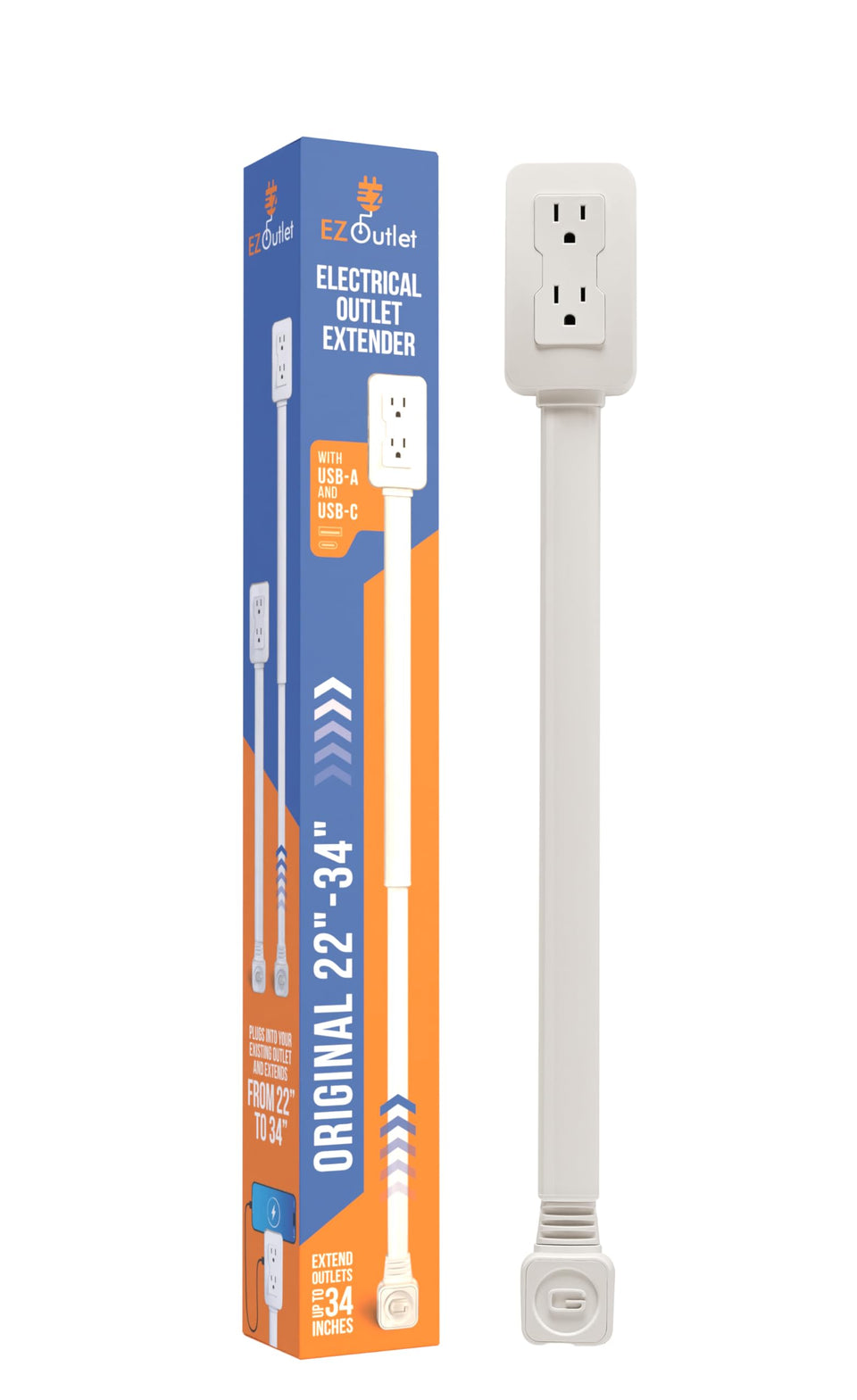 EZ Outlet extension arm shows adjustable reach from 22 to 34 inches for flexible placement