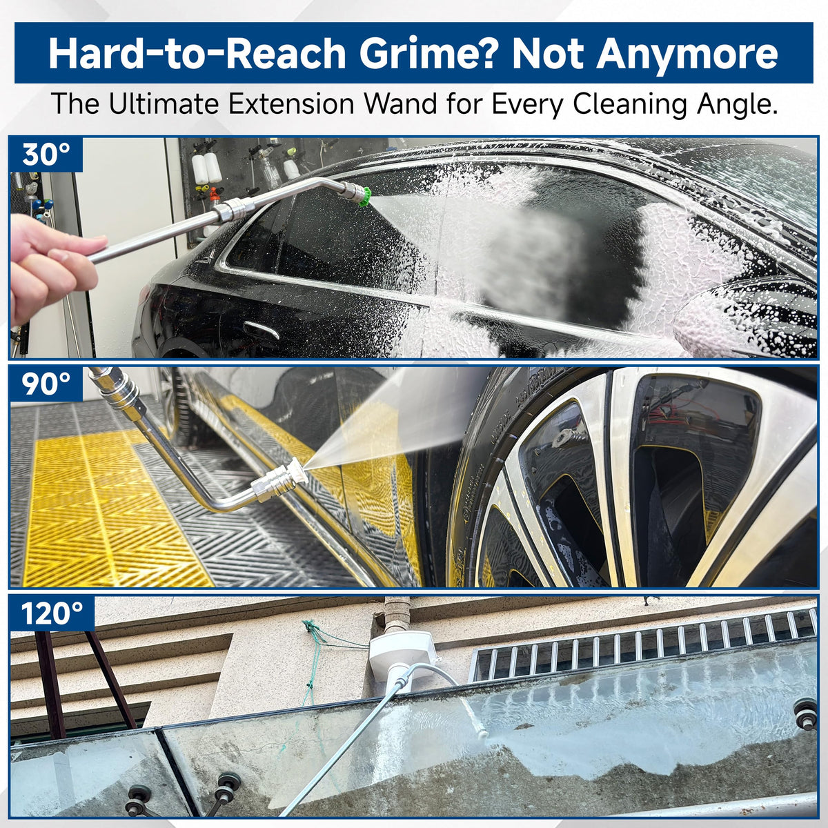 EZALOR extension wand with 90-degree angle enables ground-level roof edge access.