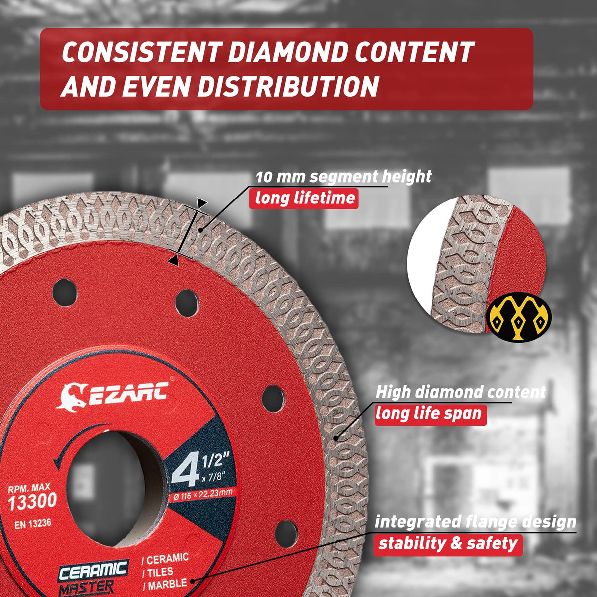 EZARC blade detail: porcelain cut showing precise edge finish