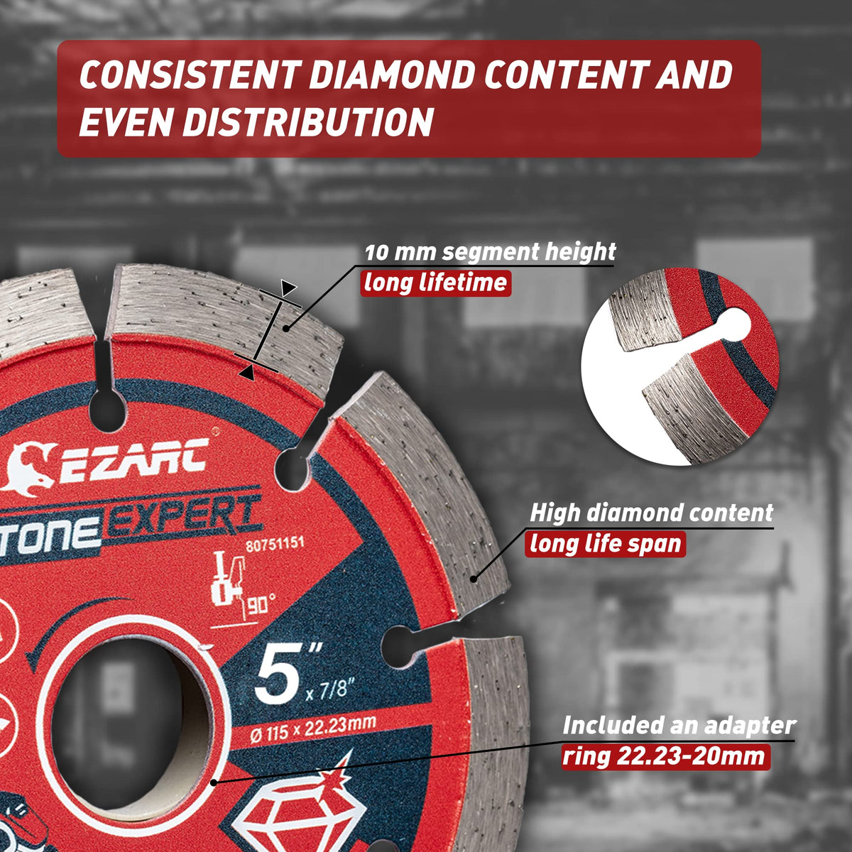 EZARC 5-inch diamond blade mounted on an angle grinder for heavy-duty work.