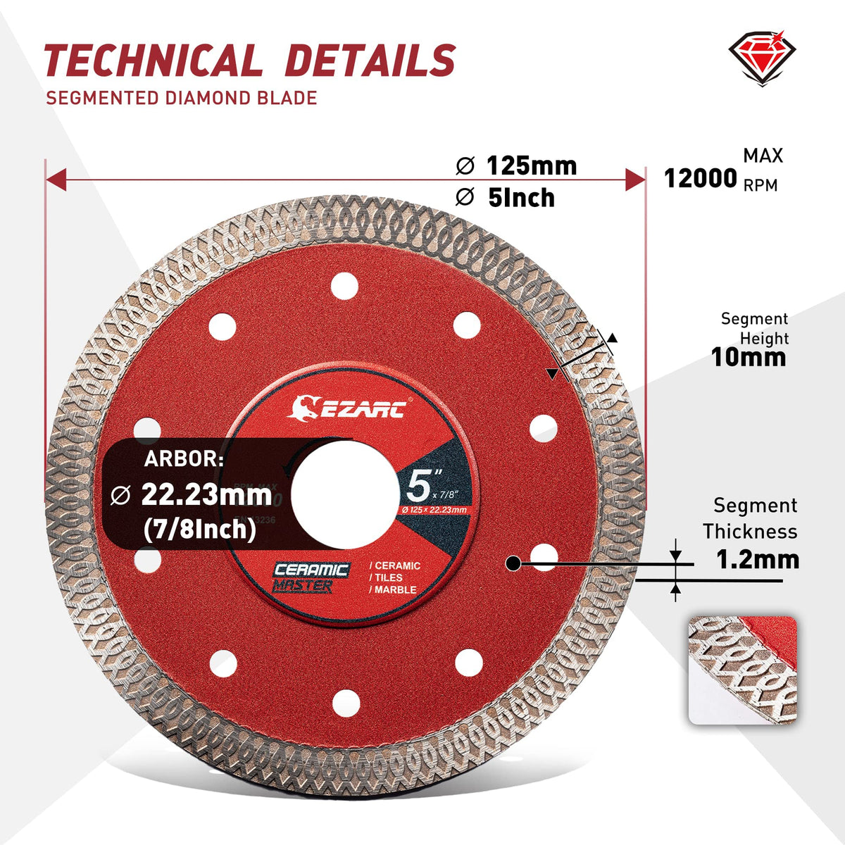 EZARC 5-inch diamond blade with 7-8 arbor compatibility