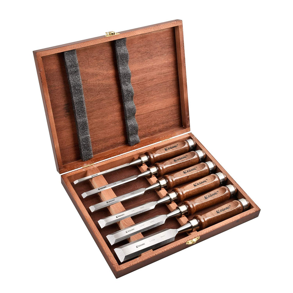 EZARC 6-piece wood chisel set in beech case, organized for quick access