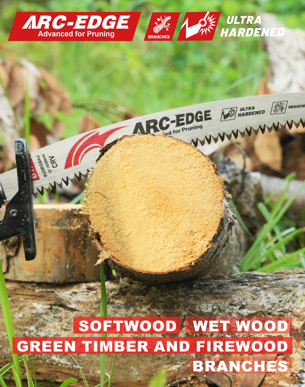 EZARC 12-inch wood blade in use for trimming branches and timber