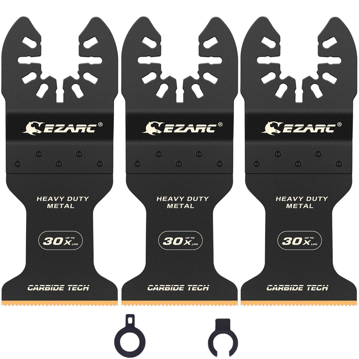 EZARC carbide oscillating blade close-up with teeth for metal cutting.