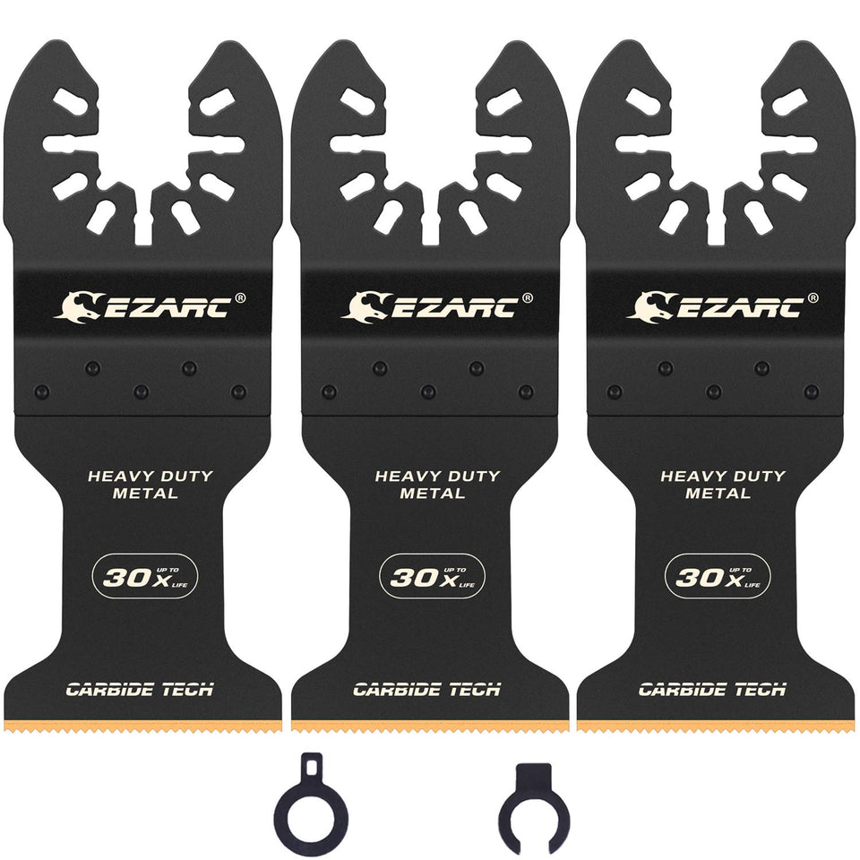 EZARC carbide oscillating blade close-up with teeth for metal cutting.