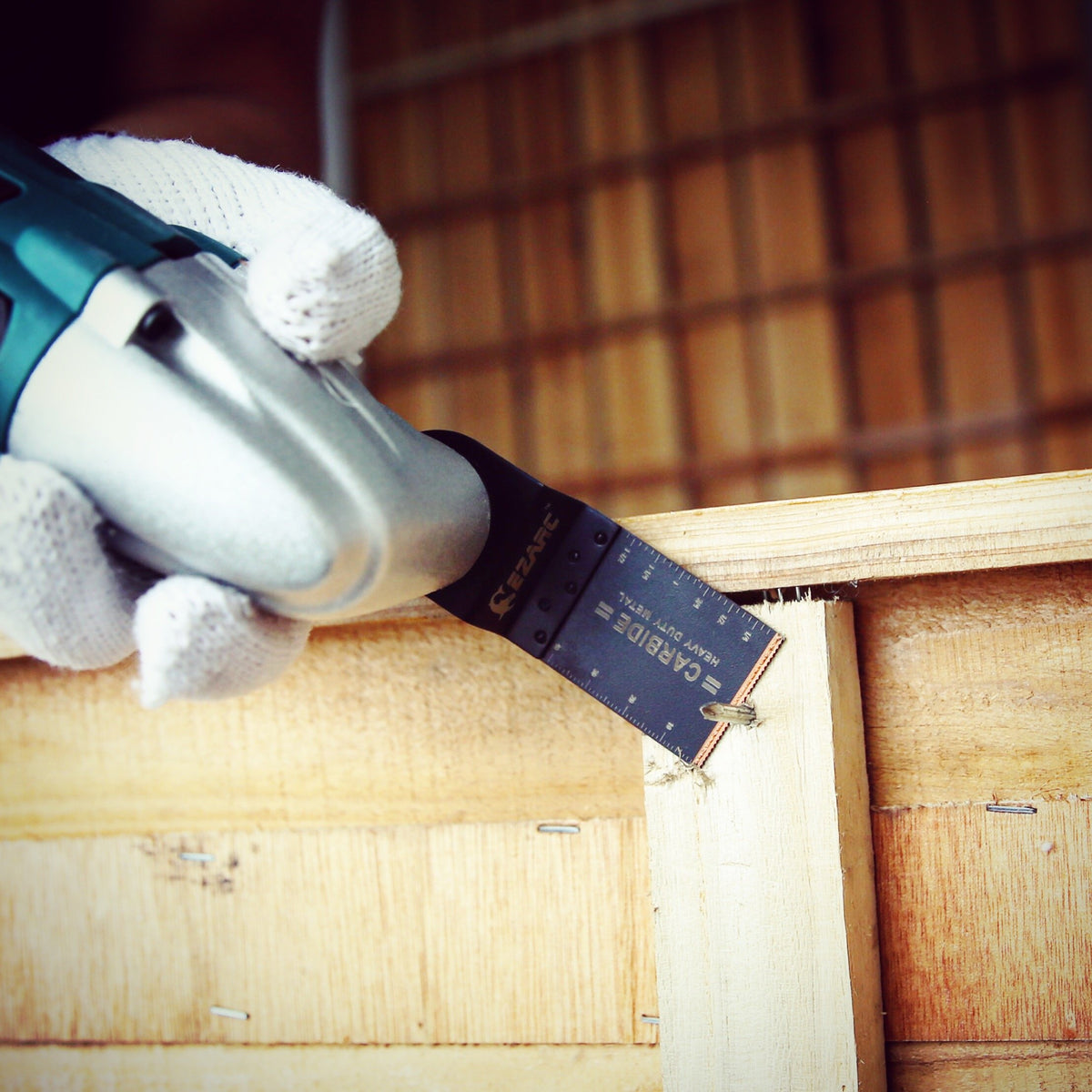EZARC carbide blade attached to oscillating tool demonstrating compatibility
