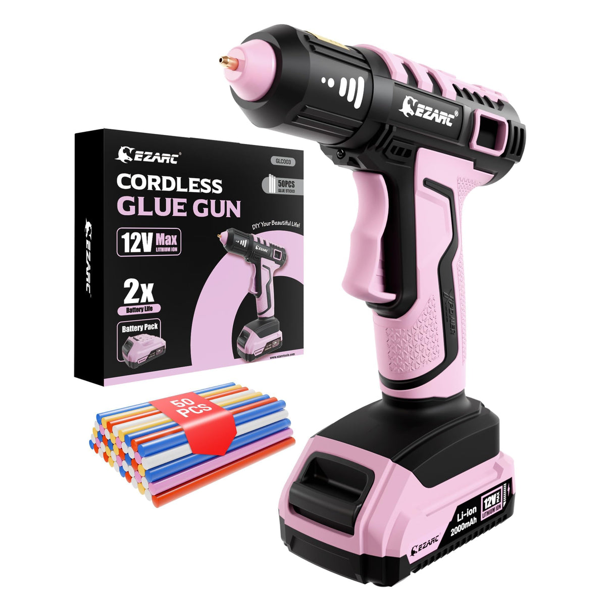 EZARC cordless hot glue gun heats in 15 seconds for quick projects.