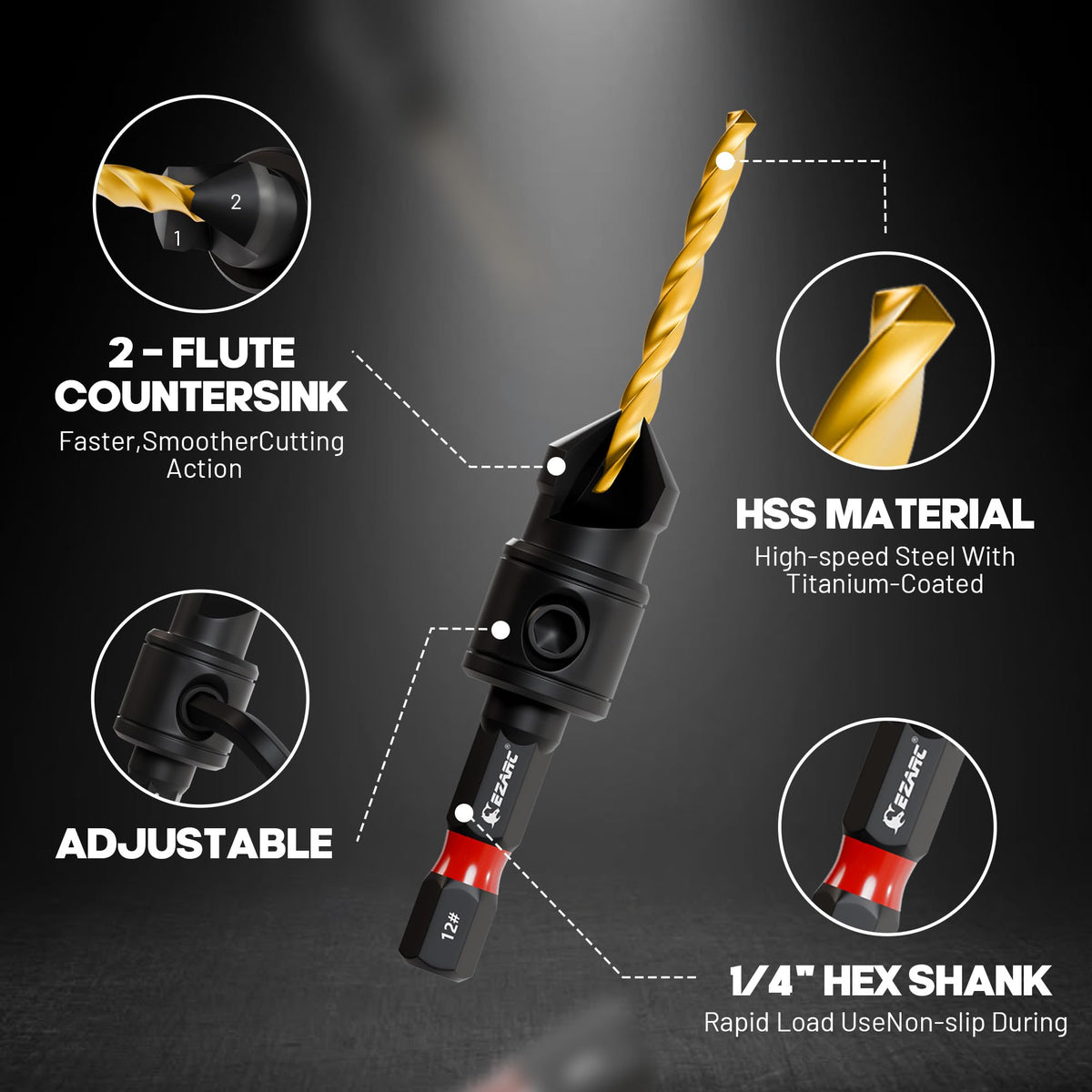 EZARC countersink bits 4-12 visible for quick, clean pilot holes