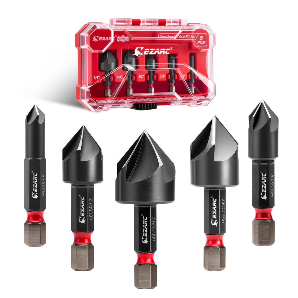 EZARC Countersink drill bit set with 5-flute hex shank for clean countersinks in hard metals.