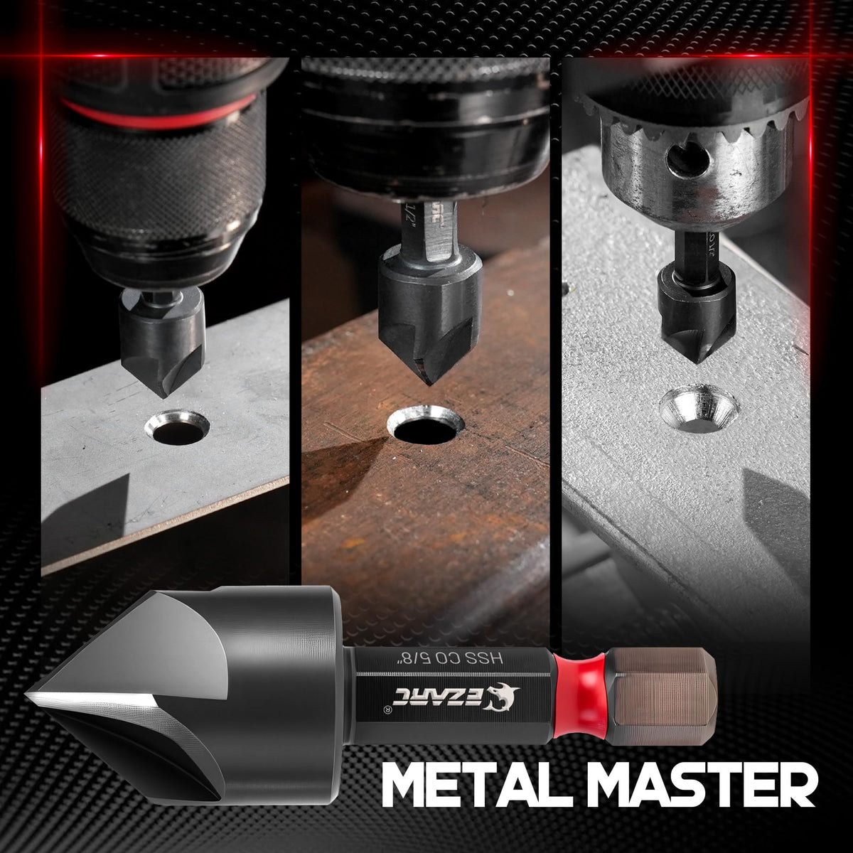 EZARC in-use on stainless steel shows stable, burr-free countersinking.