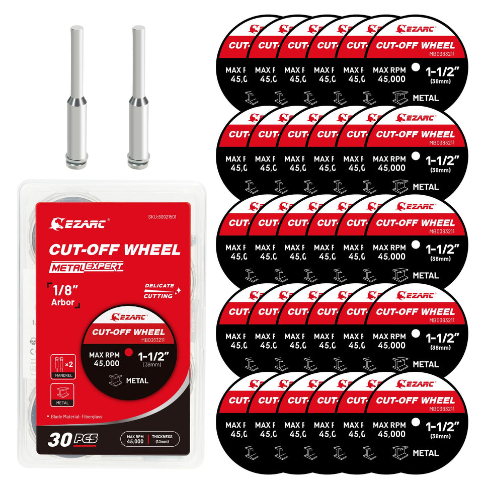 EZARC 1.5-inch cut-off wheels with 1/8-inch arbor for precise metal cuts.