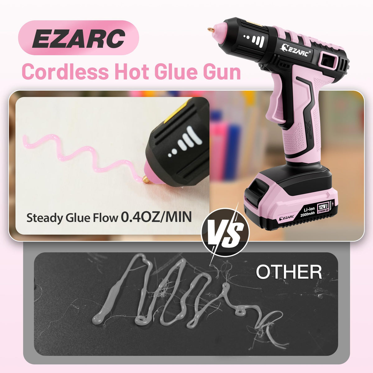 EZARC cordless glue gun long battery life supports extended crafting sessions.