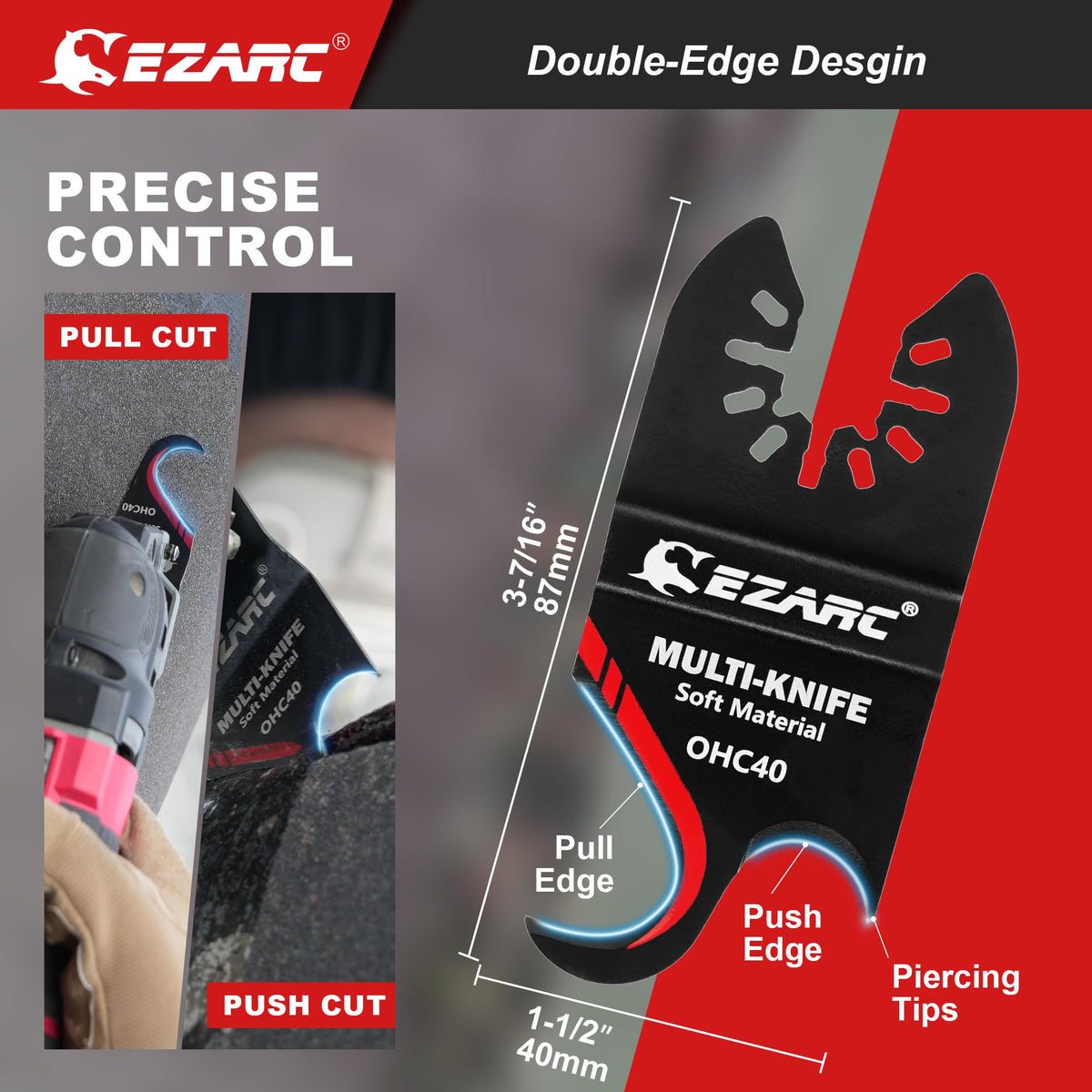 EZARC hook blade cutting roof shingles for precise trimming in use.