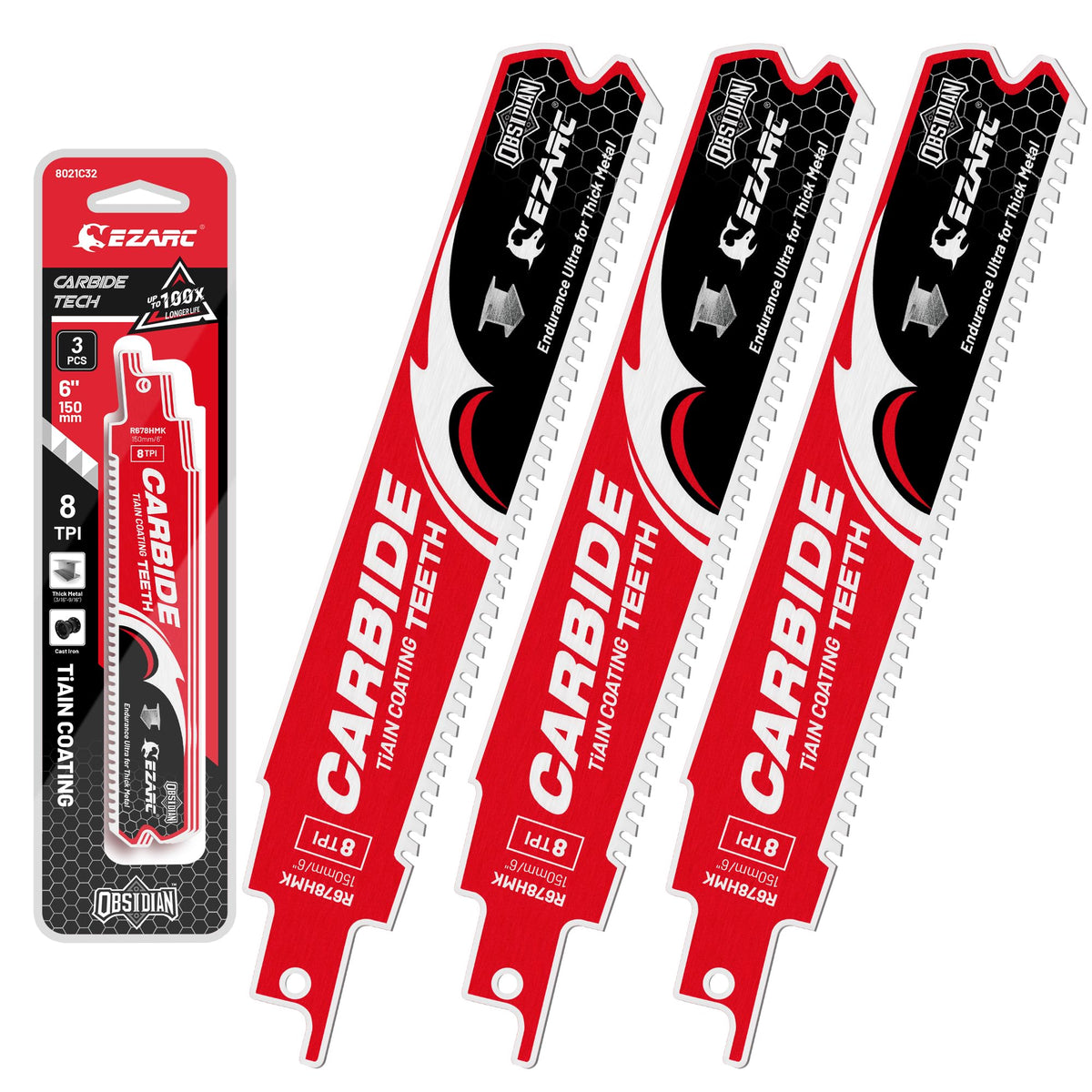 EZARC Obsidian Carbide blade cuts thick metal with precision.
