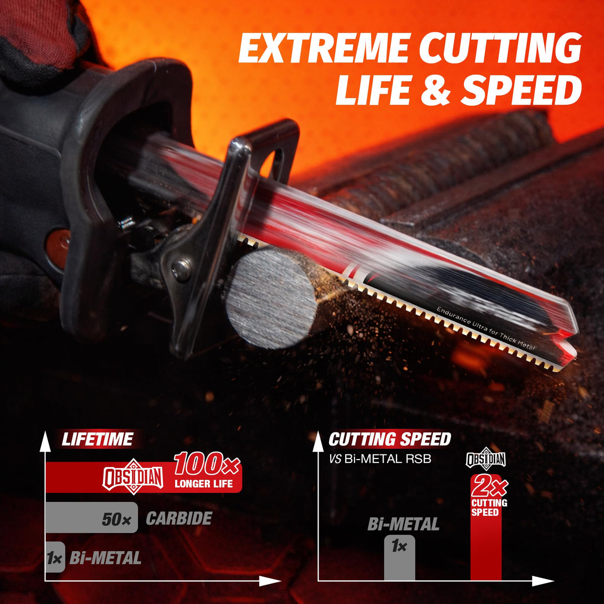 EZARC Obsidian Carbide blade slices alloy steel smoothly for tough tasks.