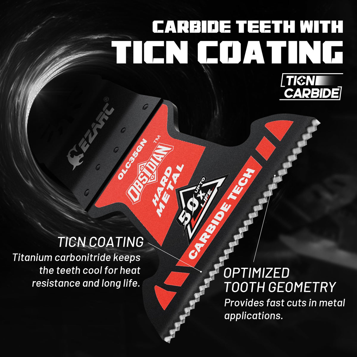 Close-up of EZARC Obsidian carbide teeth for precise metal cutting