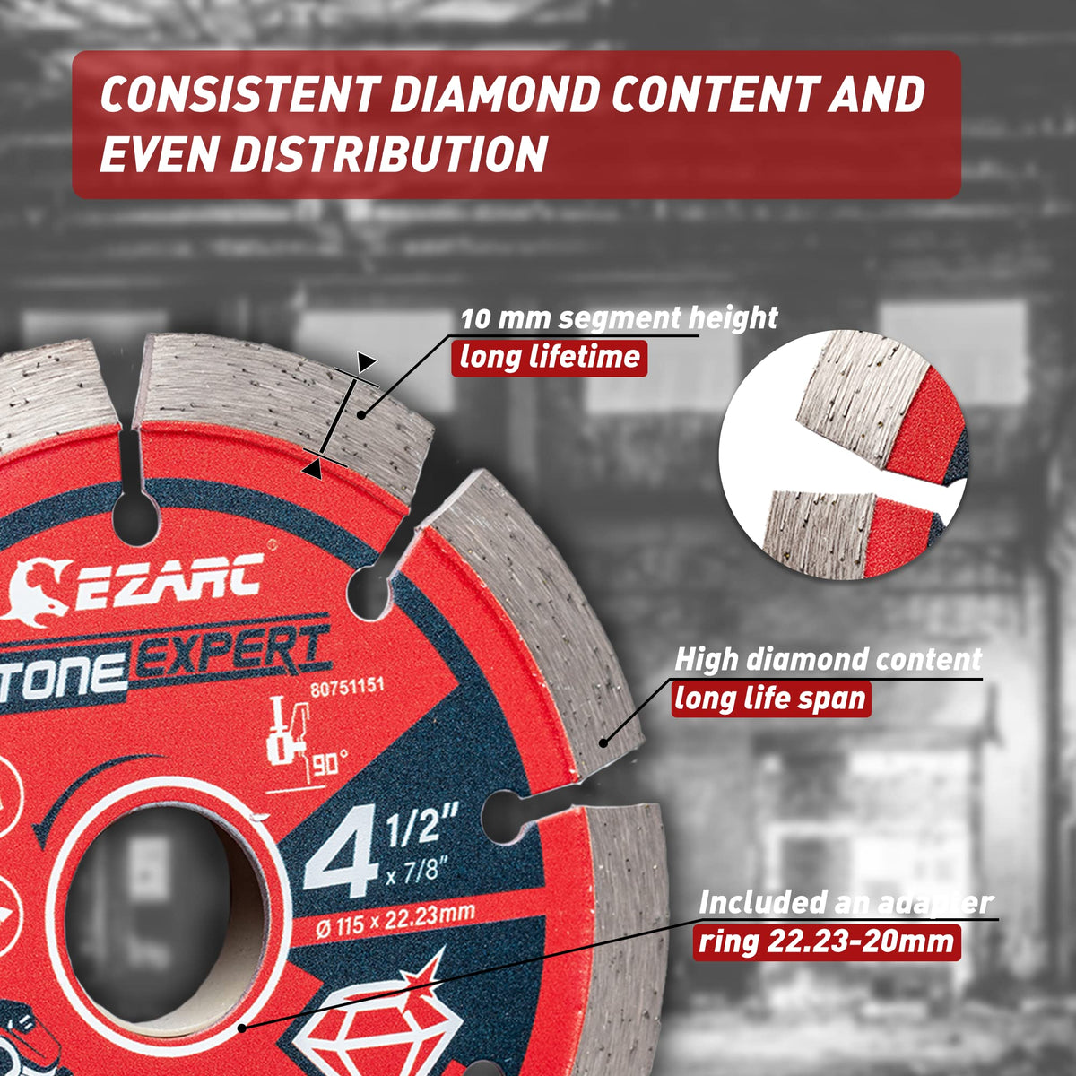 EZARC segmented blade for brick work with efficient debris removal.