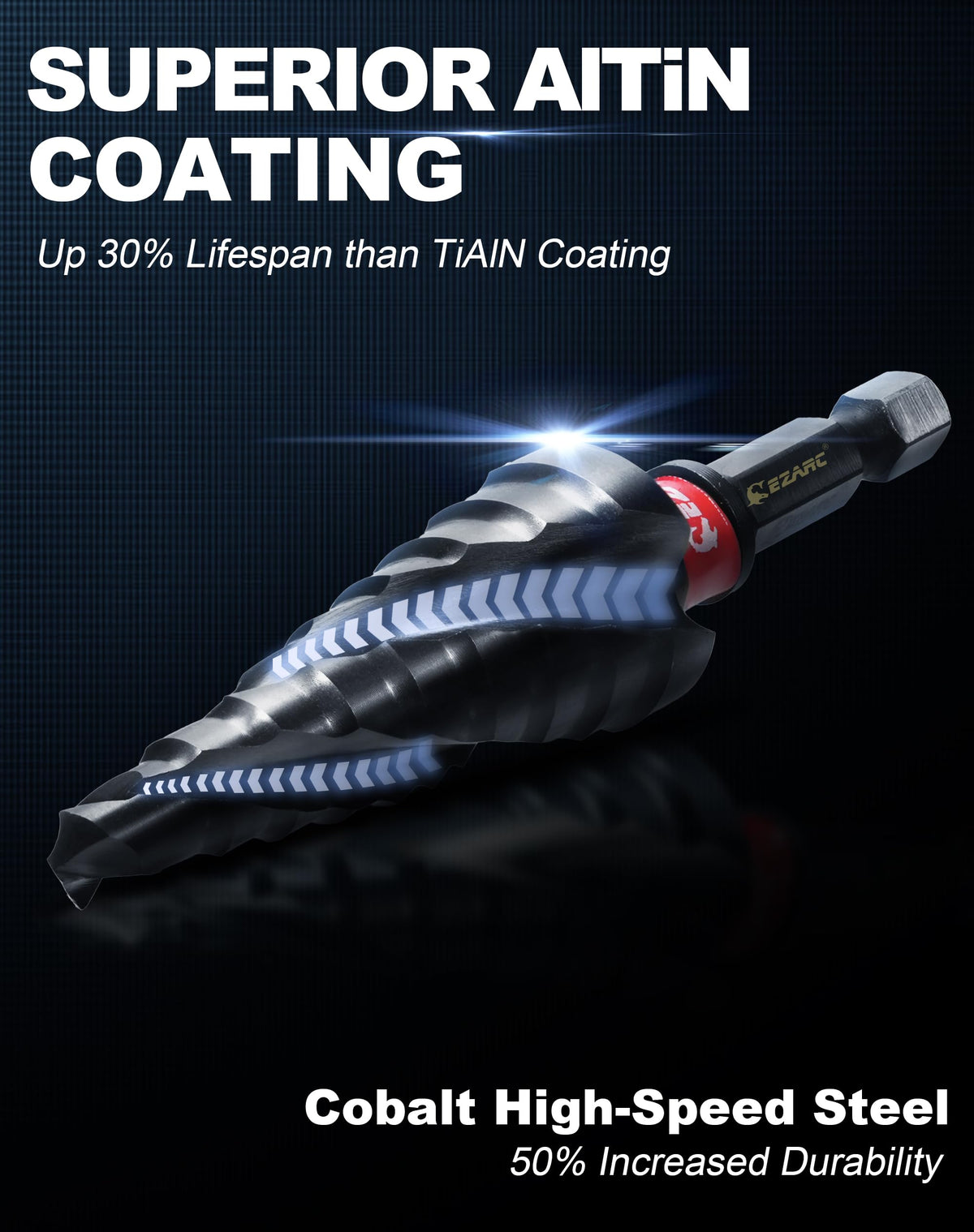 EZARC M35 cobalt step drill bit for tough metals and thick sheets.
