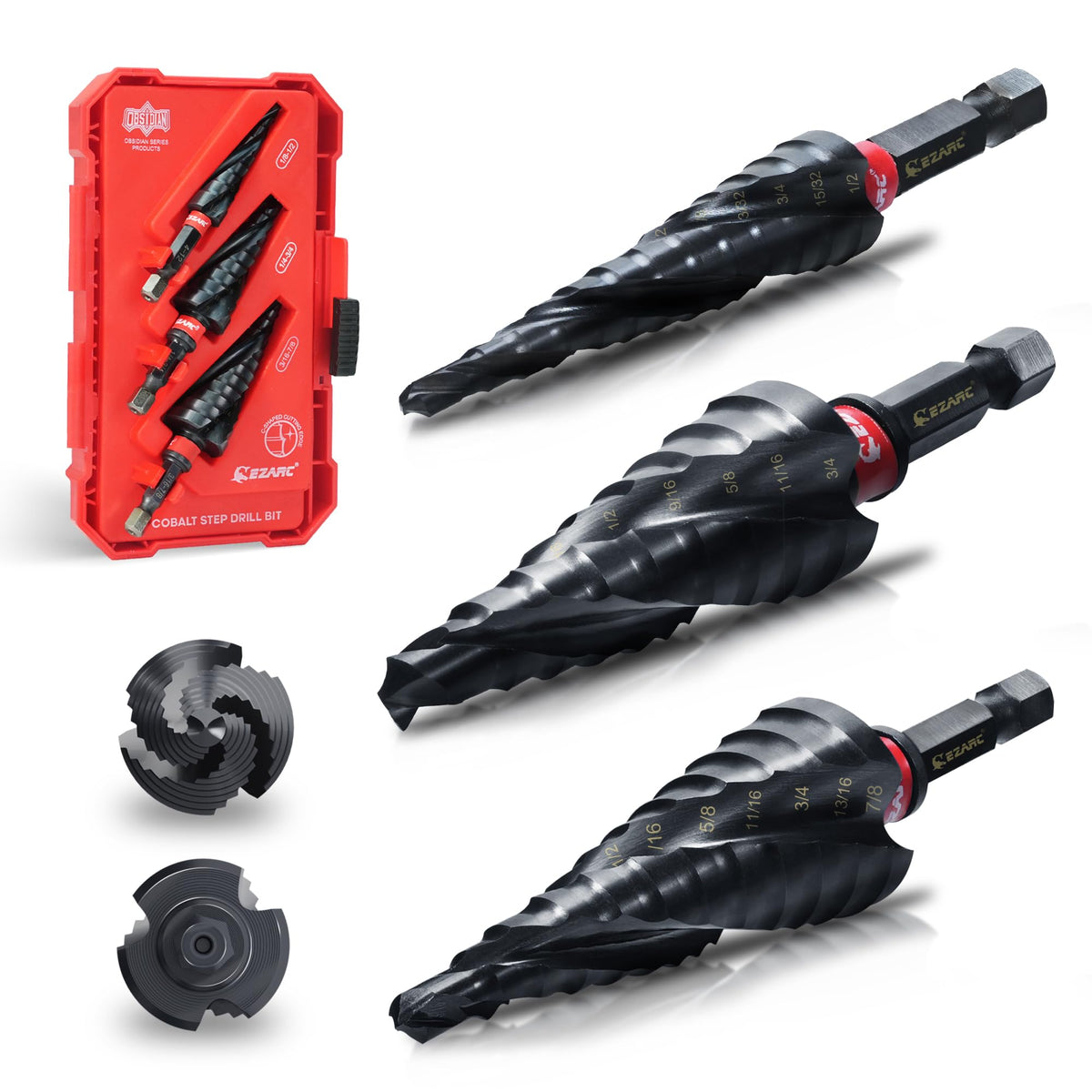 EZARC Step Drill Bit Set for metal, 1/8 to 7/8 inch range, three pieces.
