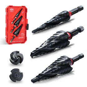 EZARC Step Drill Bit Set for metal, 1/8 to 7/8 inch range, three pieces.