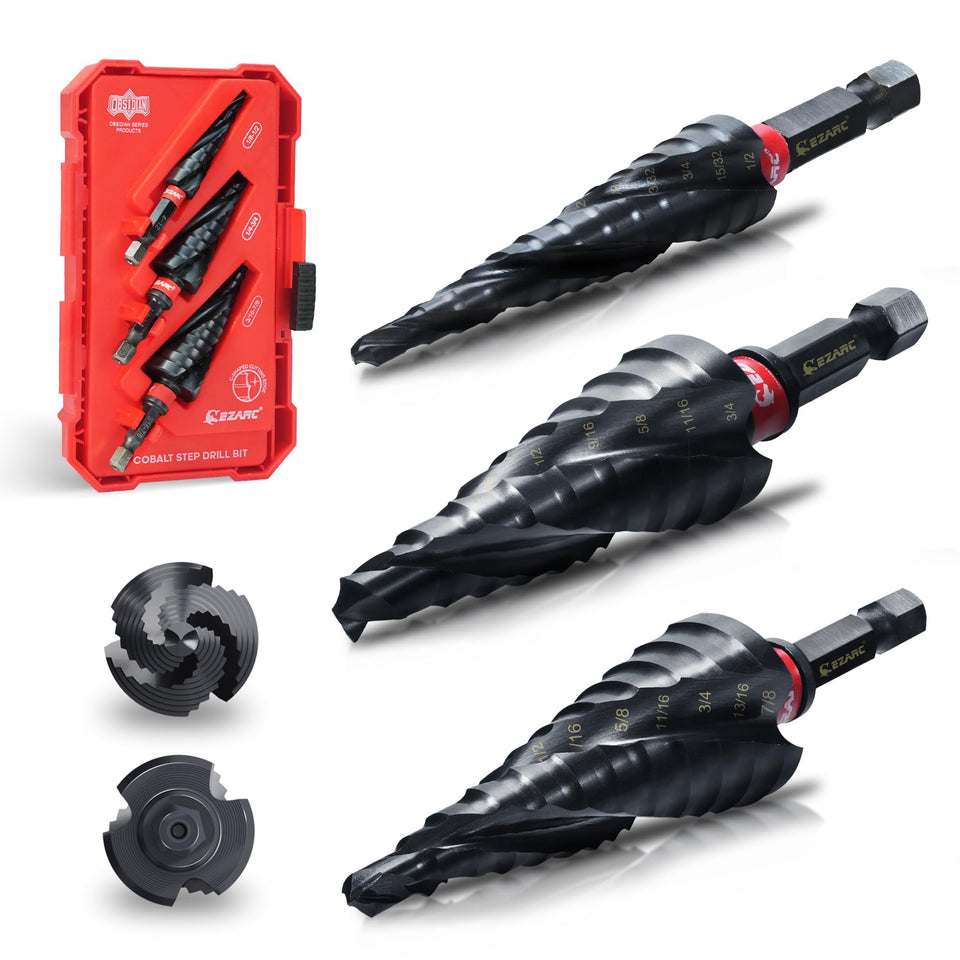 EZARC Step Drill Bit Set for metal, 1/8 to 7/8 inch range, three pieces.