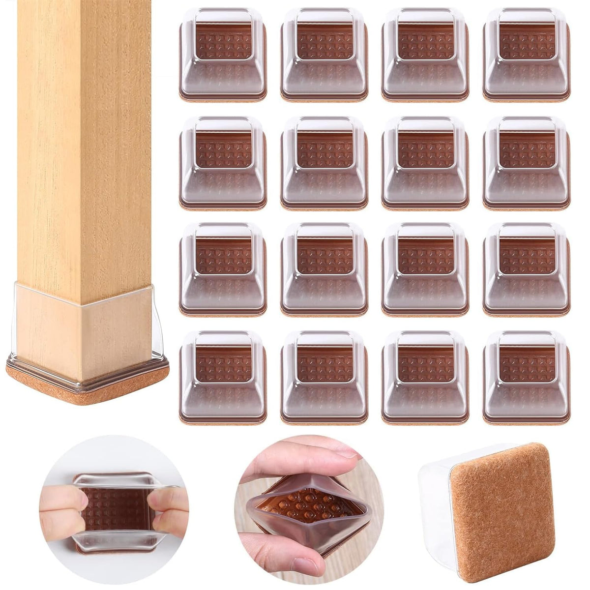 Ezprotekt clear square chair leg protectors with felt bottom protecting floors.