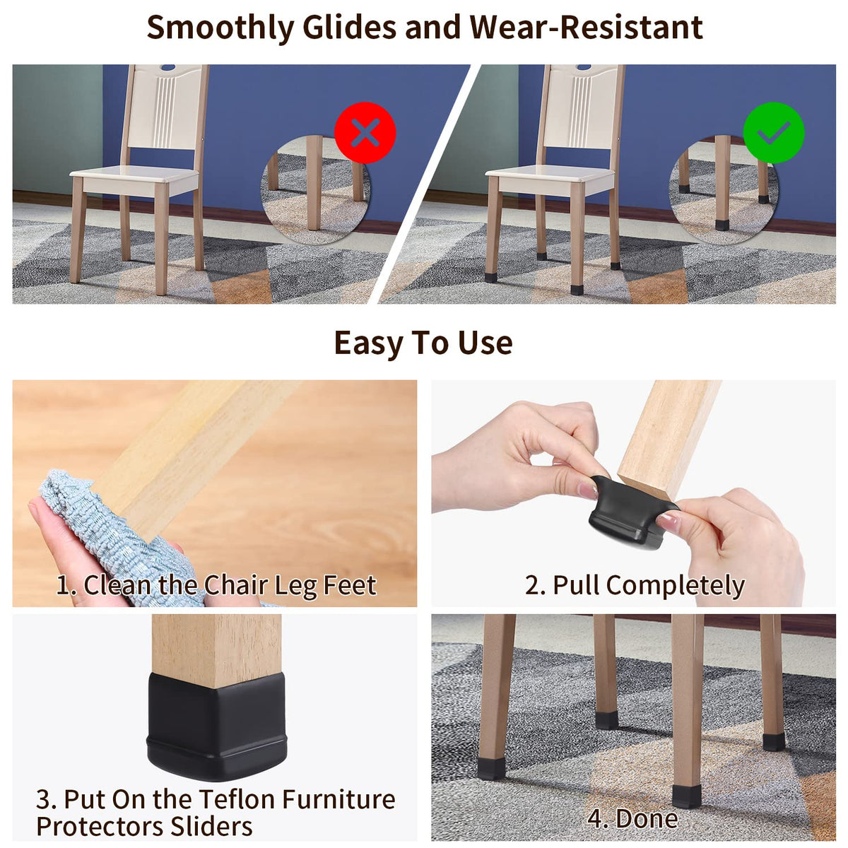 Ezprotekt leg protectors caps fit square legs for simple, reusable installation
