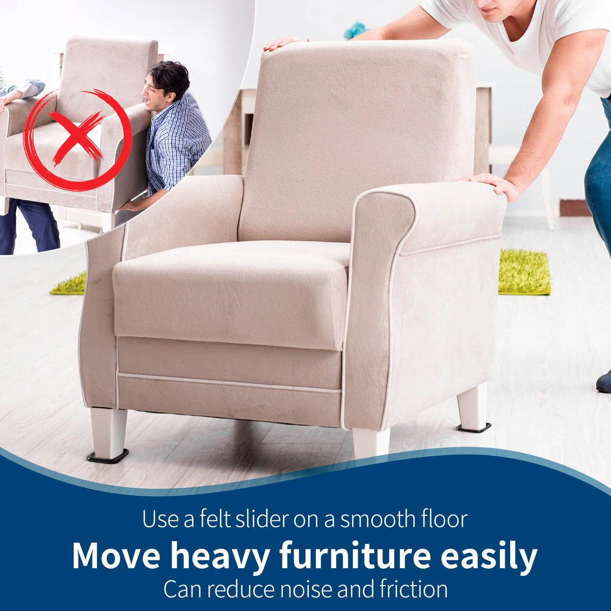 Ezprotekt non-slip base cups keep heavy furniture steady.
