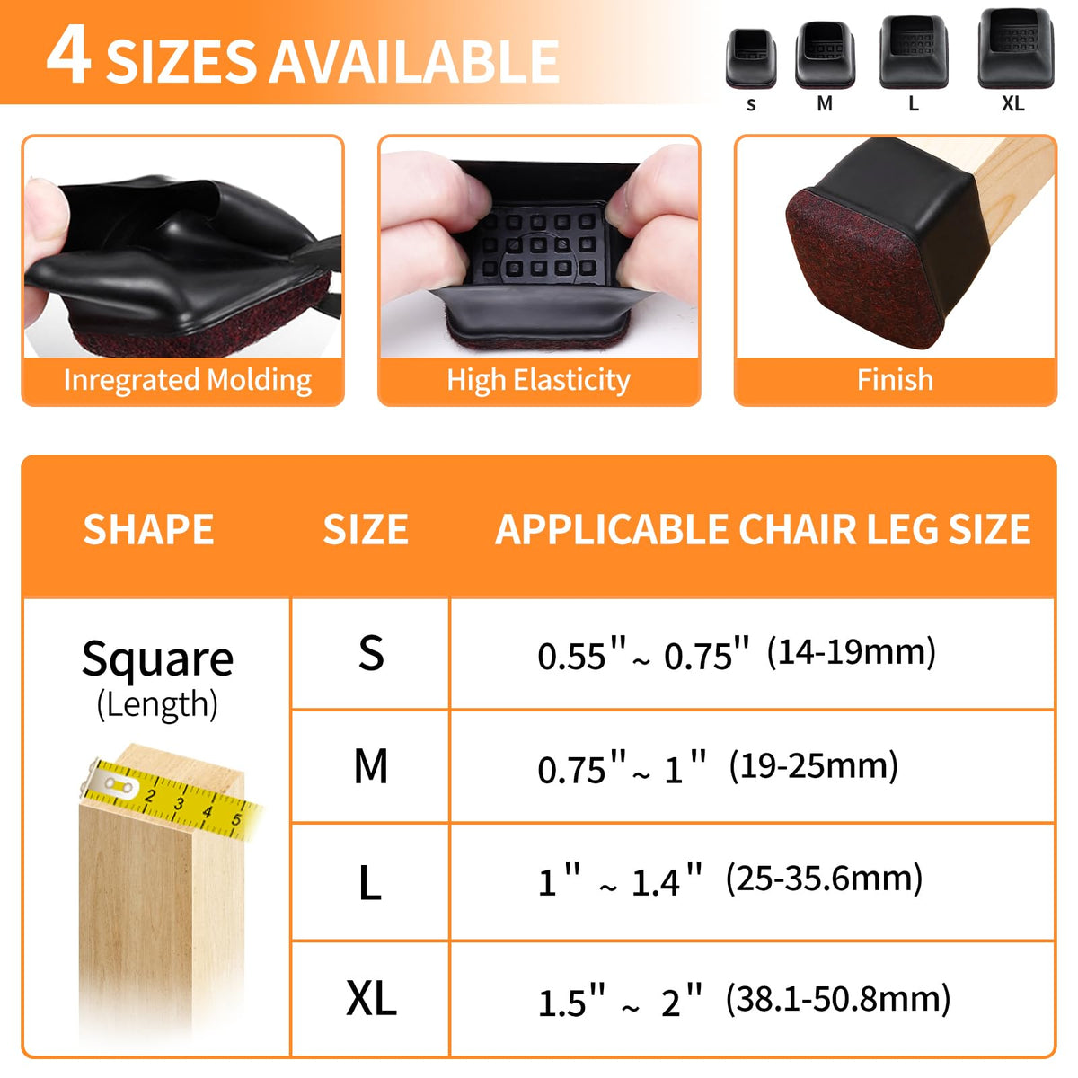Ezprotekt square leg protectors size guide demonstrates compatibility with 1 to 1.4 inch legs