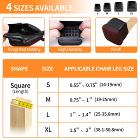 Ezprotekt square leg protectors size guide demonstrates compatibility with 1 to 1.4 inch legs
