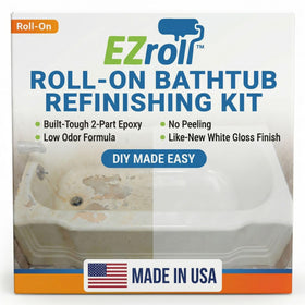 EZroll bathtub refinishing kit showing dramatic before-and-after with durable tile and tub finish.